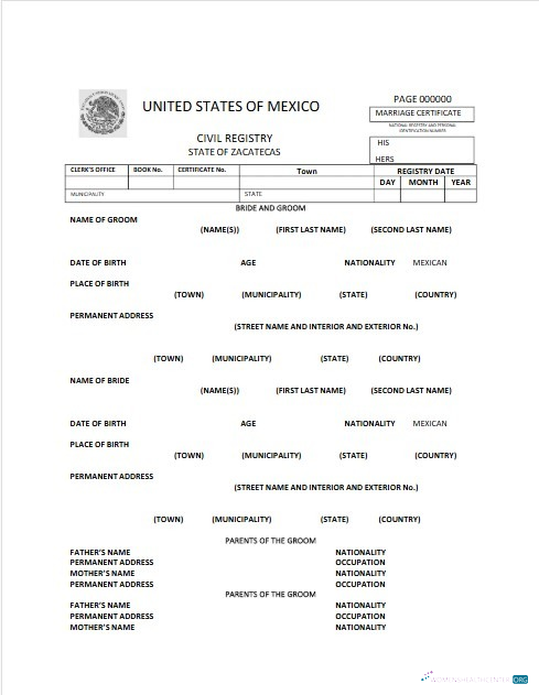 Download United States of Mexico Civil registry of Zacatecas marriage certificate Photoshop template